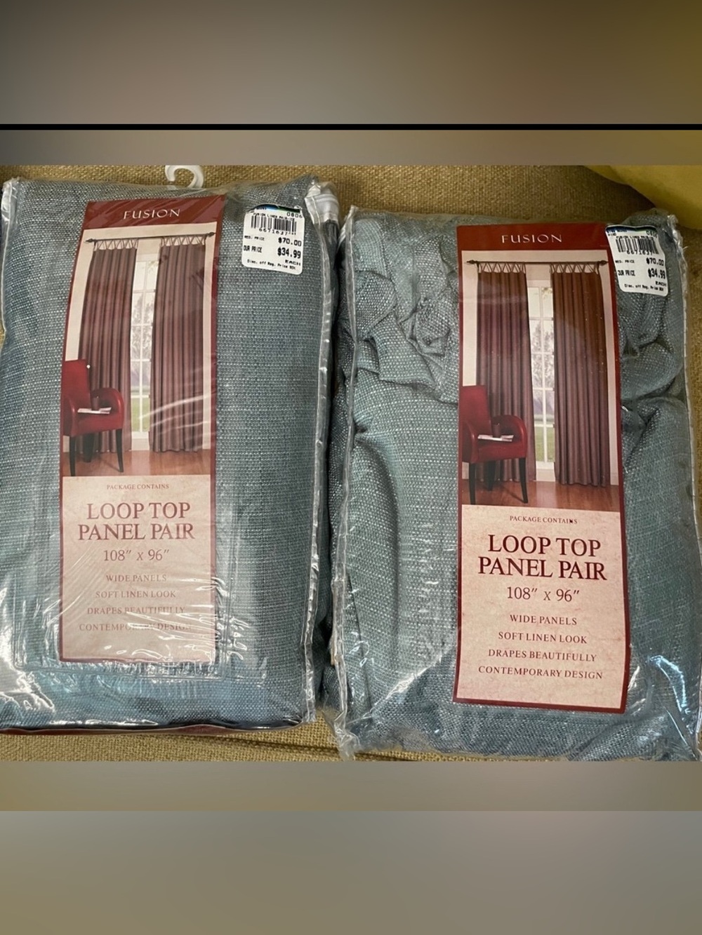 Fusion Loop Top Panel Pair Curtains - Linen Look Ice Blue 108"x96 2 sets new